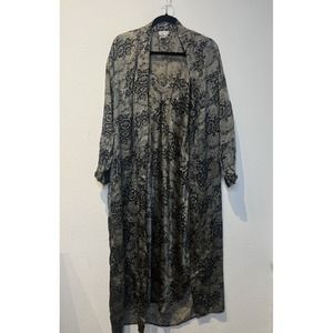 Vtg 100% Silk Long Peignoir 2 Piece Set-For Your Comfort Med Black & Gold Floral